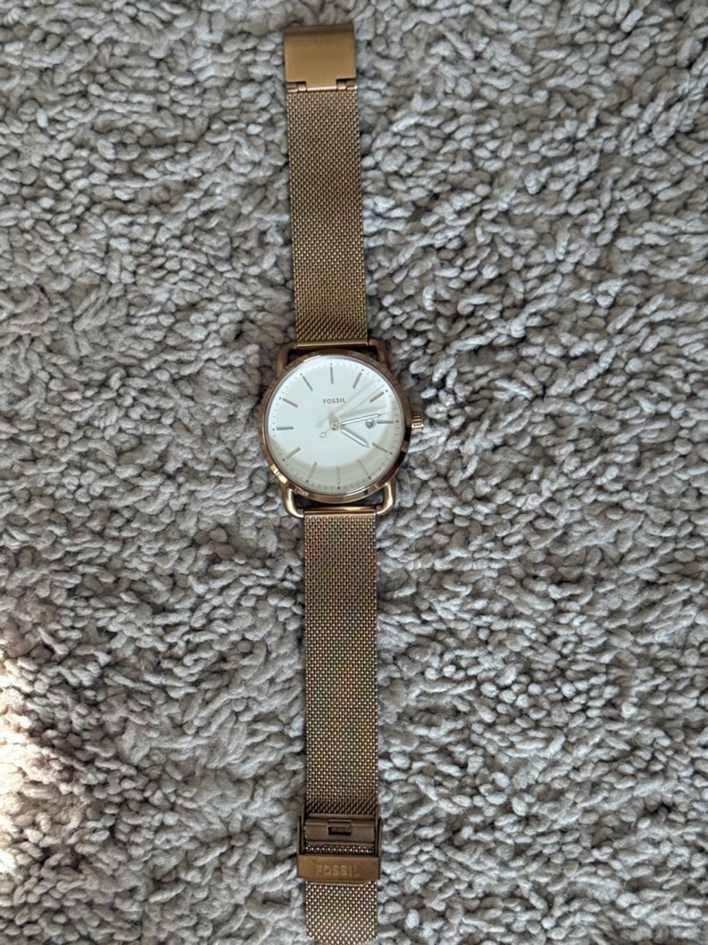 Fossil Rose Gold-Tone Mesh Bracelet Watch with White Dial